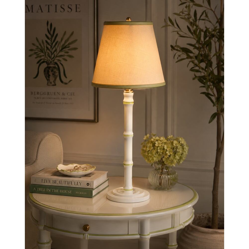 Vintage Resin White and Green Bamboo Shoot Table Buffet Candestick Lamp Tall